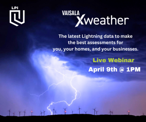 The LPI partners with Vaisala Xweather to share the latest lightning data. Lightning shown in a windmill field.