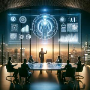 Modern boardroom with AI data visualization on a large screen, highlighting AI leadership.