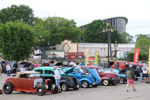 Vintage cars lined up at the fairgrounds