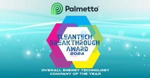 This image shows the award badge for the 2024 CleanTech Breakthrough Award "Overall Energy Technology Company of the Year" with the award logo on a colorful teal background.