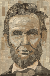 Portrait of Abraham Lincoln created entirely from snippets of Civil War-Era Newspapers
