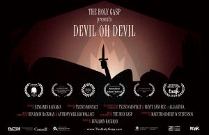 An outline of a woman lying on her back holding a dagger toward the ceiling with an animated fire behind her with the titles of the band and song at the top of the image and the list of film festival laurels and the album and animation credits listed abov