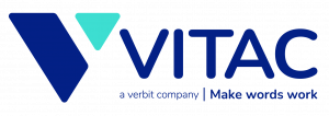 The word "VITAC" in dark blue letters preceded by a large stylized "V" split into dark and light blue colors. Beneath the word "VITAC" are "a Verbit Company, Make Words Work.'