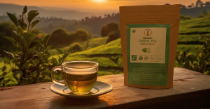 Kehl Kronenhof Organic Green Tea Wellness Blend in a clear cup, with a vibrant green tea field in the background, highlighting the natural and serene setting of its origins.