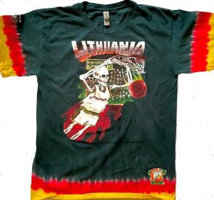 Just released, the Classic Slam-Dunking Skeleton on Green T-Shirt with a touch of tie-dye. Lithuania tie dye basketball.