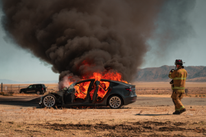 E-FireX test on fully involved Tesla with firefighter testing heat reading