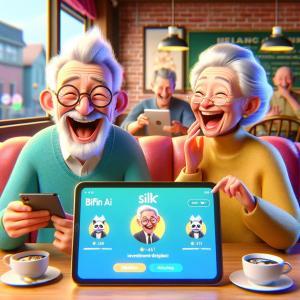 Showcases an elderly couple at a café, humorously interacting with the Silk platform on a tablet
