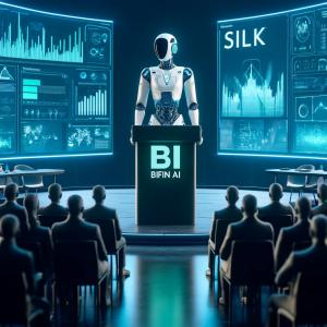 Nova Lead, the AI CEO, presenting the launch of the Silk initiative in a Bifin AI high-tech conference room.