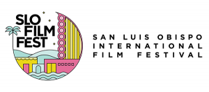 Logo of the 2024 San Luis Obispo International Film Festival depicting the Fremont Theatre in pink, aqua and gold colors
