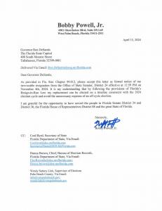 Florida State Senator Bobby Powell Resignation Letter