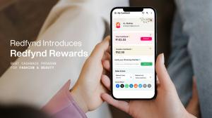 A smartphone screen displaying Redfynd Rewards, a program offering cashback for shopping, with navigational elements for redeeming and referring, inviting users to join and save."