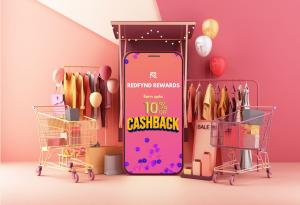 A smartphone screen displays 'Redfynd Rewards' with a vibrant cashback offer, flanked by shopping carts and a festive sale display, symbolizing the rewards and savings of shopping with Redfynd