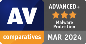 AV-Comparatives Zertifizierung für die höchste Stufe Advanced+ für den Malware Protection Test im März 2024.