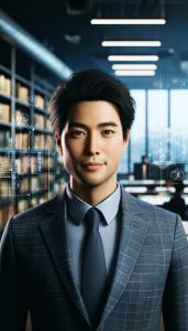 Portrait of Uni Linx, an Asian male in his early 40s, dressed in a business suit, standing in his office. The background combines traditional academic elements with modern technology, reflecting his role as Chief Academic Officer at Bifin AI.