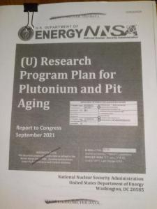 Cover of plutonium pit aging report to Congress, September 2021