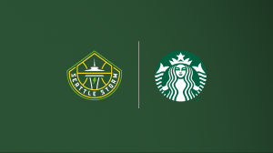 Logos of Starbucks and Seattle Storm