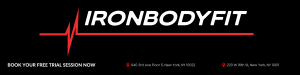 This photo showcases the Iron Bodyfit logo in White on a black background with an heart beat in red. It is a call to action for individuals to book their free trial session at the Iron Bodyfit Studio in Midtown East.