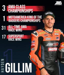 An image of motorcycle racer Hayden Gillim. The picture also includes Hayden's race stats