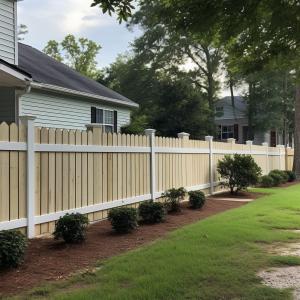 A white and tan privacy fence