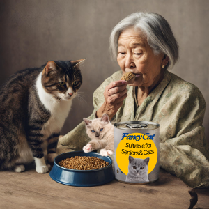 Senior Cat Owner And Cat eating Cat Food Together