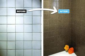 Before and after of a refinished bath tile project.
