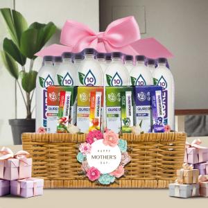 Qure Alkaline Water,Qure Power Deep Sleep,Qure Power Mental Boost,Qure Power Endurance, Qure Power Skin Glow in a gift basket for Mother's Day