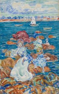 Watercolor and pencil on paper by Maurice Brazil Prendergast (Newfoundland/American, 1858-1924), titled Low Tide (1901), 20 ½ inches by 13 inches. Estimate: $80,000-$120,000.
