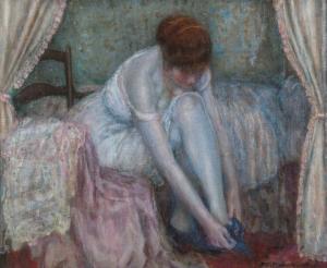 Oil on canvas by Frederick Carl Frieseke (American, 1874-1939), titled Dressing, 20 inches by 24 inches. Estimate: $50,000-$75,000.