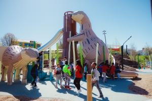 The playground at Tom Lee Park in Memphis features a playscape inspired by the Mississippi River, including six colossal river creatures