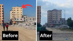 Before and after images of Ihab Anbar’s residence in Gaza, highlighting the impact of conflict