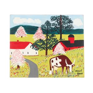 Three vibrant and colorful paintings by the acclaimed Nova Scotia artist Maud Lewis (1901-1970), included this 1965/1966 work titled Cow in Spring Meadow (CA$30,680).