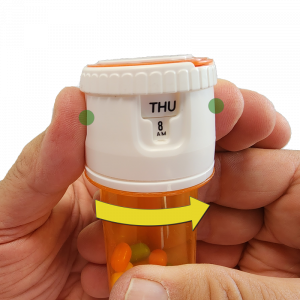 Meticap, a reusable medication timing cap, tracks the timing of your next dose with a turn of the vial towards the right to advance the hours.