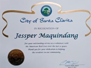 Jessper Maquindang's Certificate of Recognition from the City of Santa Clarita with text as "For your outstanding service as a volunteer with the American Red Cross over the last 10 years. Thank you for your dedication to helping the residents in our community."
