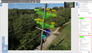 A screen capture of the Optelos platform displaying a powerline inspection image.