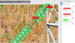 A screen capture of Optelos' AI inspection software model identifying two broken insulators.