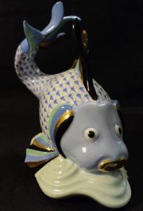 Large, signed Herend porcelain blue fishnet koi carp fish figurine, one of several gorgeous Herend pieces in the auction, 5 ½ inches in height (est. $500-$750).