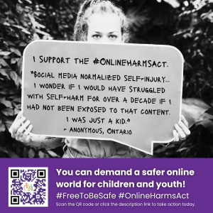 Photo of young woman holding up sign that says I support the #Online Harms Act.