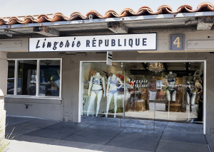 The storefront of Lingerie République at Town & County Village showcases mannequins of all sizes, keeping with the store's size inclusive mission.