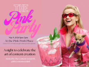 An image of Elle Woods and a pink cocktail with the words The Pink Party and the date, time and location of the event.