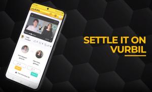 screenshot of the Vurbil mobile app with two people debating plus the Vurbil logo