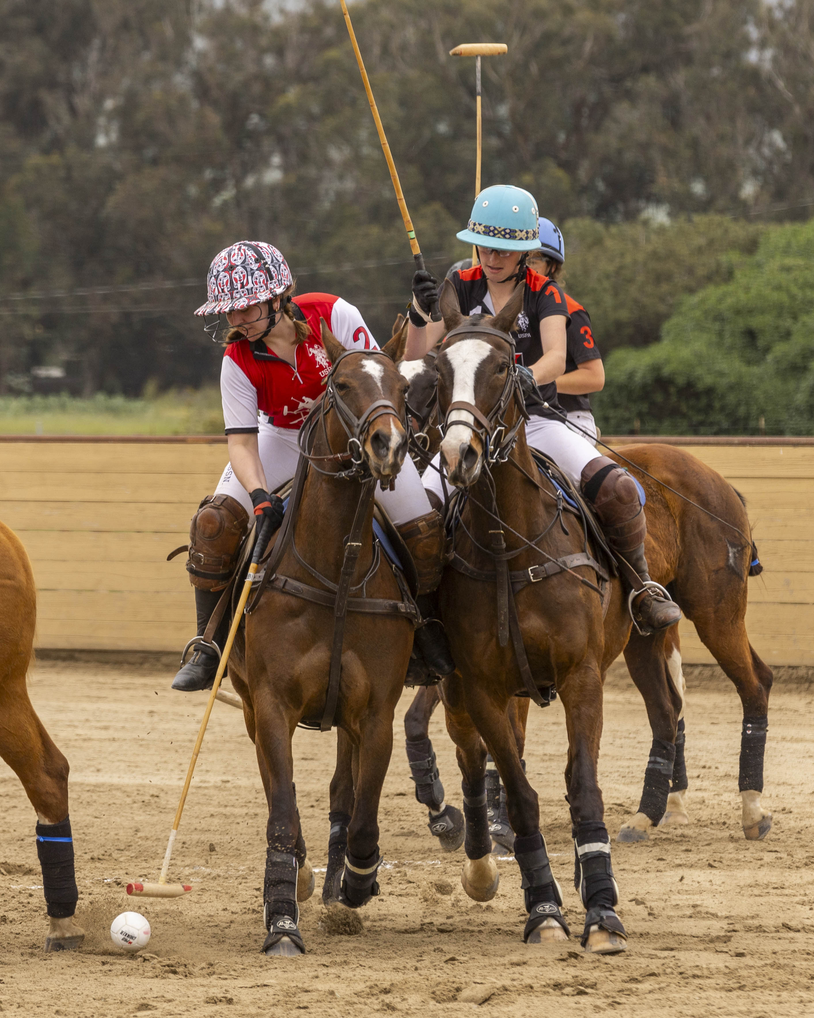 Two female polo players in foreground of arena