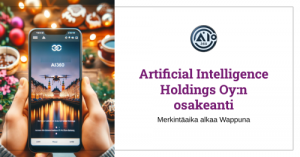 Hands holding an AI360 mobile phone with the text: Artificial Intelligence Holdings Oy:n osakeanti - Merkintäaika alkaa Wappuna on May Day (Vappu) Finnish