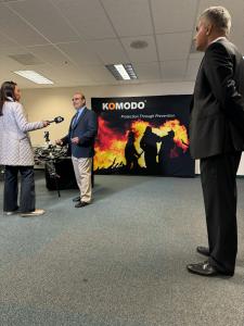 At the ASTM conference, KTVU interviews Alex Orozco of Aero West Systems with Komodo CEO Shawn Sahbari (on right)