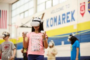 A Komark student explores career options using virtual reality as part of VR Career Awareness Day provided by VRAR Chicago