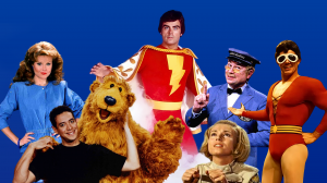 Left to right: Rebecca Holden as April Curtis, Noel MacNeal with Bear, Jackson Bostwick as Captain        Marvel, David Newell as Mr. McFeely, Linda Miller as Lt. Susan Watson, Mark Taylor as Plastic Man.  Photo courtesy of USA Theatres