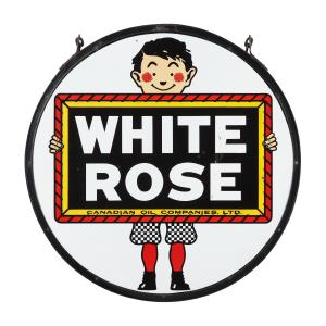 White Rose Gasoline “Slate Boy” double-sided porcelain service station sign (Canadian, 1940s), 48 inches in diameter and exhibiting great color and gloss (est. CA$9,000-$12,000).