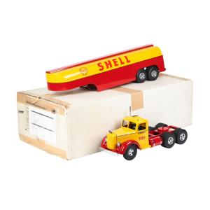 Complete, new in box Shell oil tanker steel truck from Smith-Miller (aka Smitty Toys), made in America in the 1980s, 35 inches in length, number 209 of 250 produced (est. CA$600-$900).
