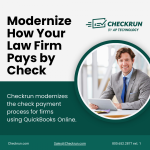 Checkrun is for QuickBooks Online users. Checkrun is perfect for law firm payments. Remote check printing, ACH, workflows, mobile approval and payment, Positive Pay, Check printing, Check mailing