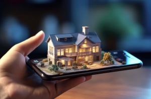 Palm holding an iphone with a home coming out of screen demonstrating visual concept of a phone communicating to a variety of smart home elements.