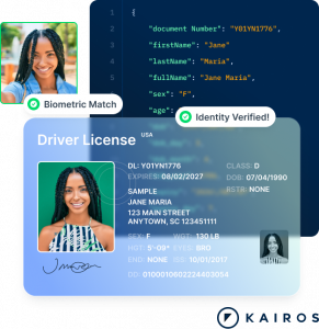 The photo displays an artists rendering of a full identity verification that scans an ID document, checks for fraud and compares a live selfie to the ID photo. The image contains a selfie, an ID document and the returned results in a machine-readable or J